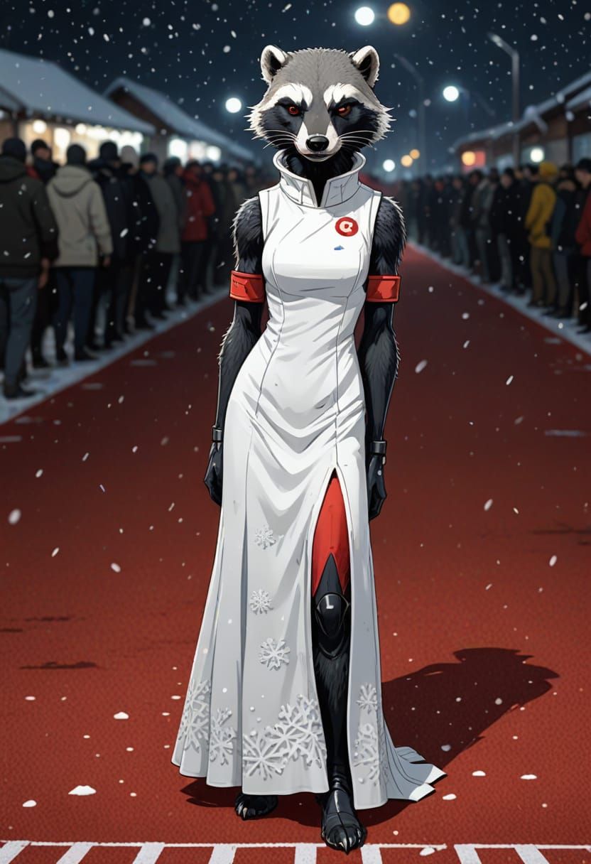 Create an anime character walking on red carpet with night d...