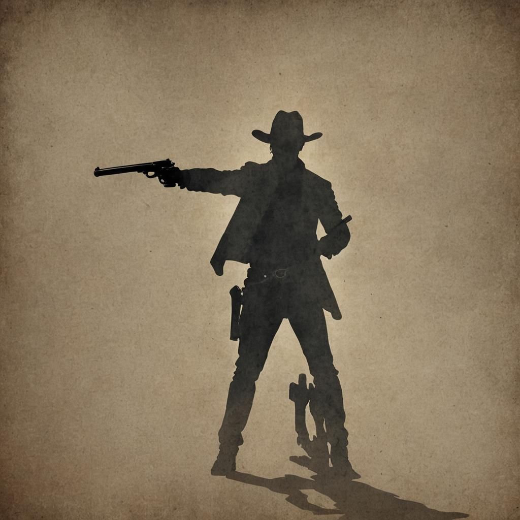 Cowboy Silhouette Shoots Pistol in Ethereal Western Scene