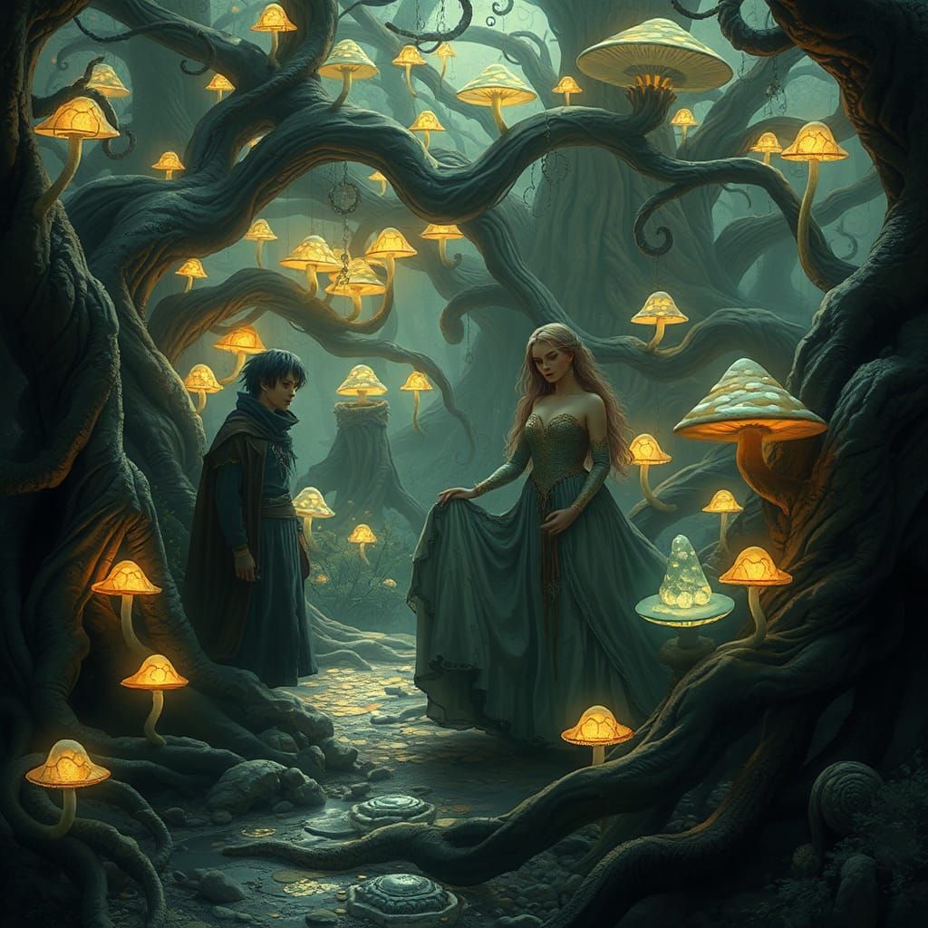 Mystical Trio in Enchanted Forest, Art Nouveau Style