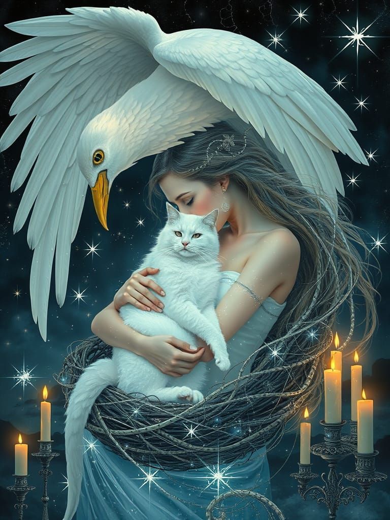 Ethereal Woman with Translucent Body and White Cat