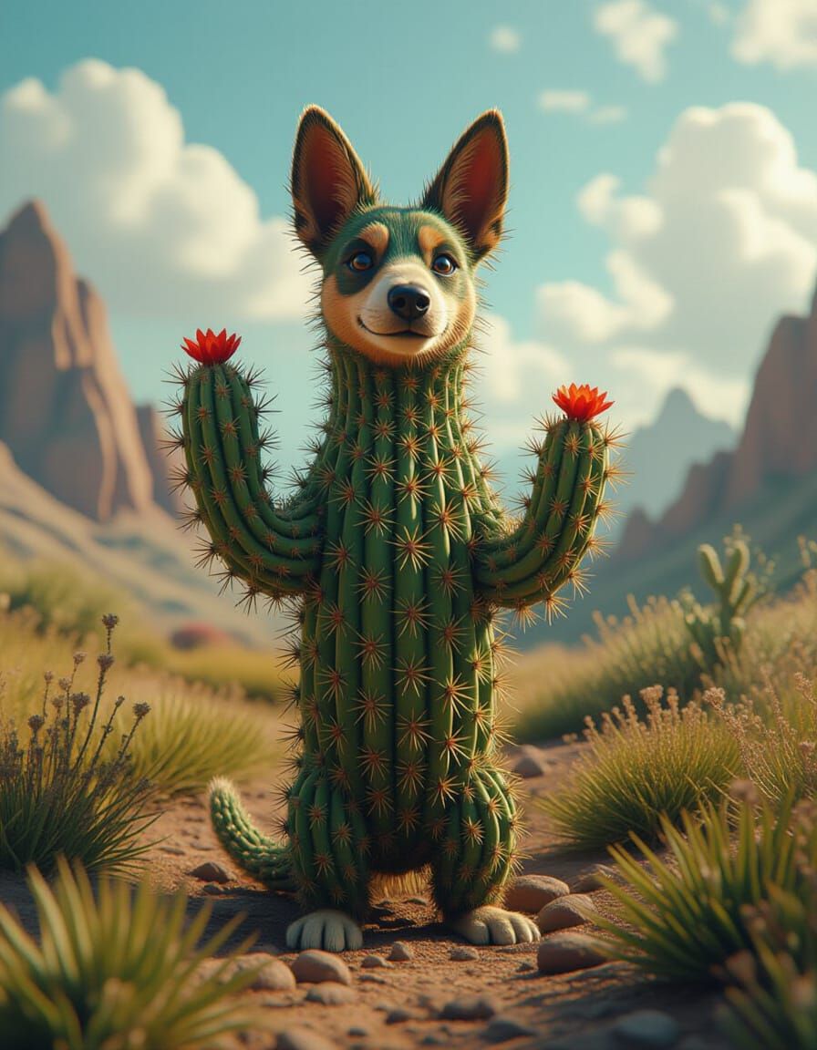 Cactus Dog in Mystical Elemental Landscape