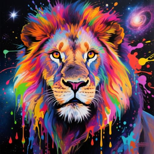 Colorful Lion Portrait in Cosmic Dreamscape