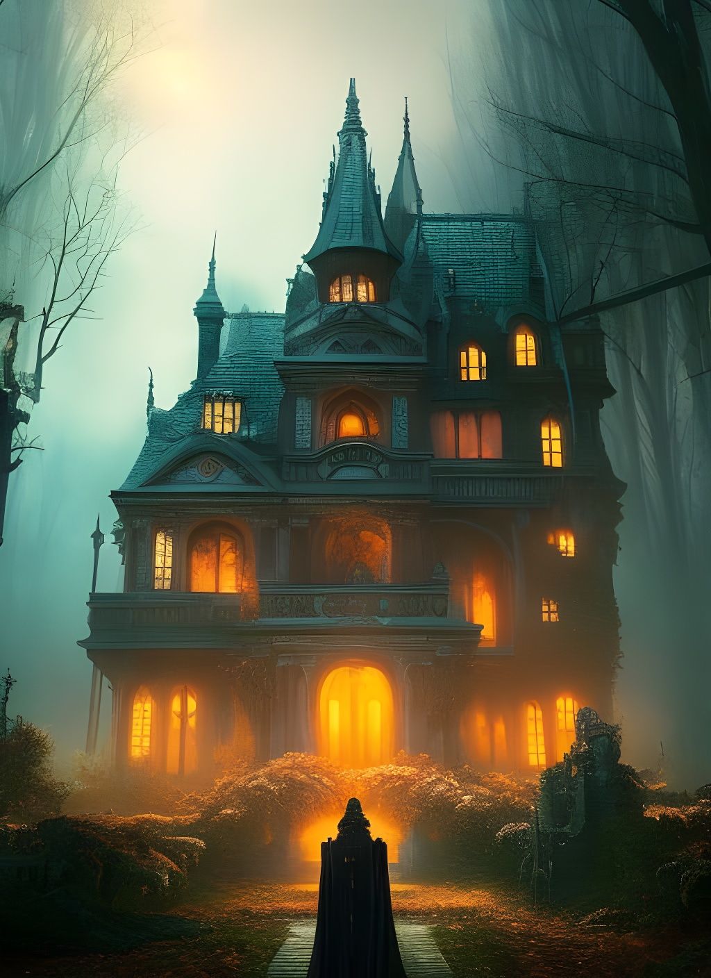 Burning Gothic Mansion with Ghosts: Digital Illustration