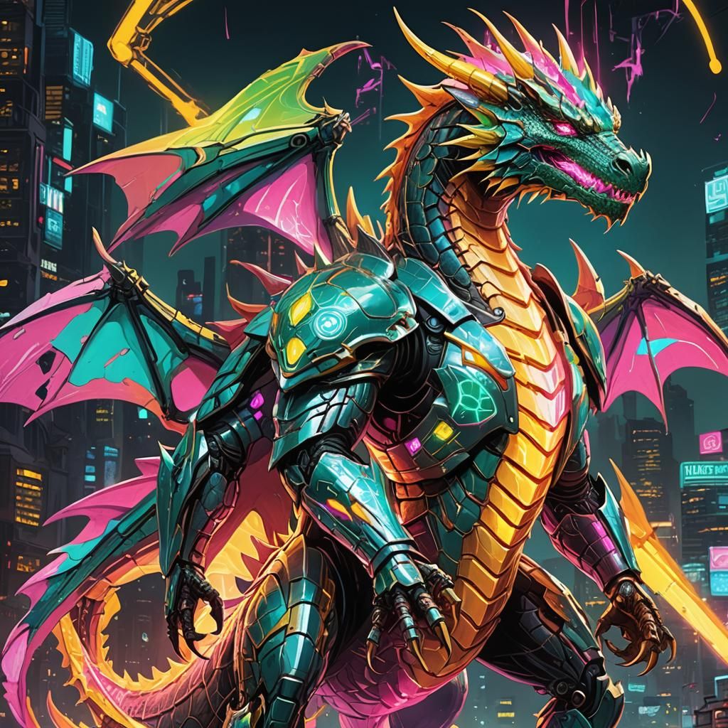 Cybernetic Dragon with Neon Markings, Comic Book Art
