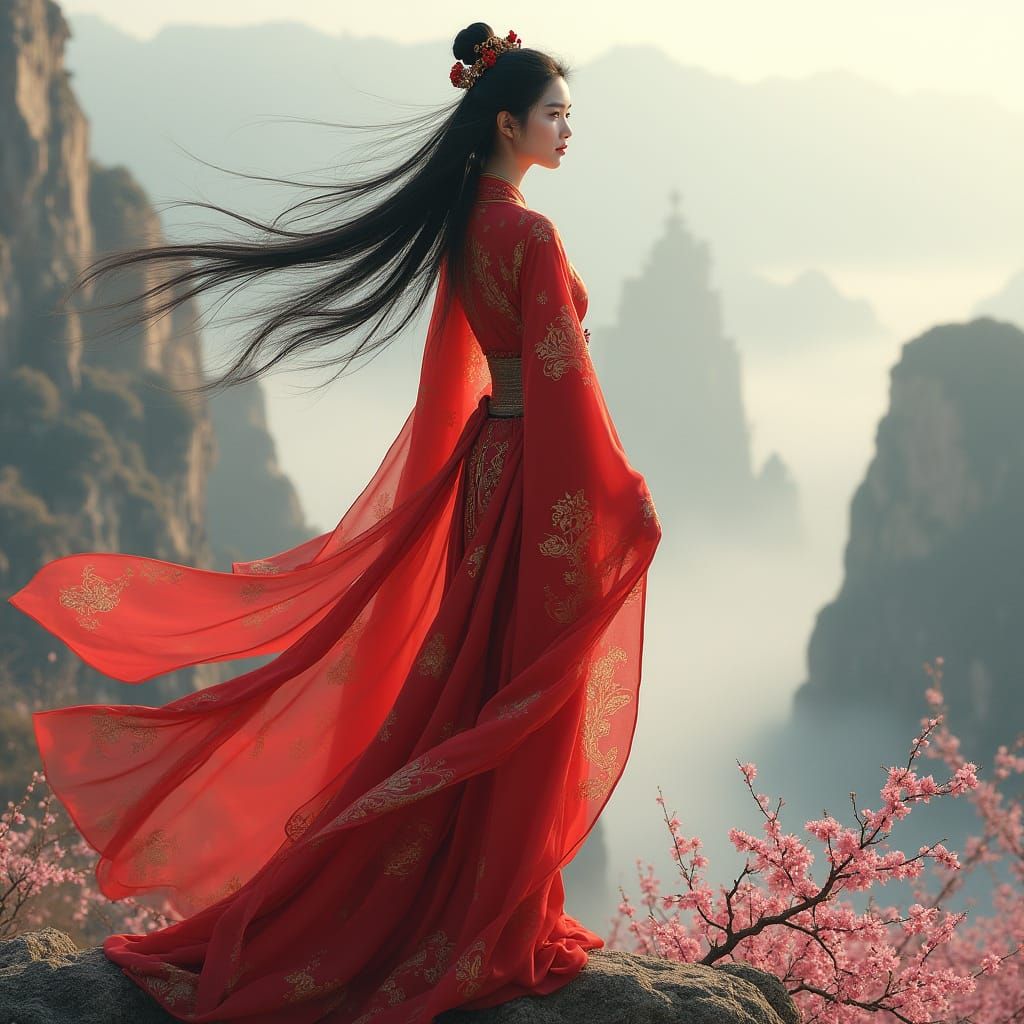 Ethereal Chinese Princess Surveys Mystical Landscape