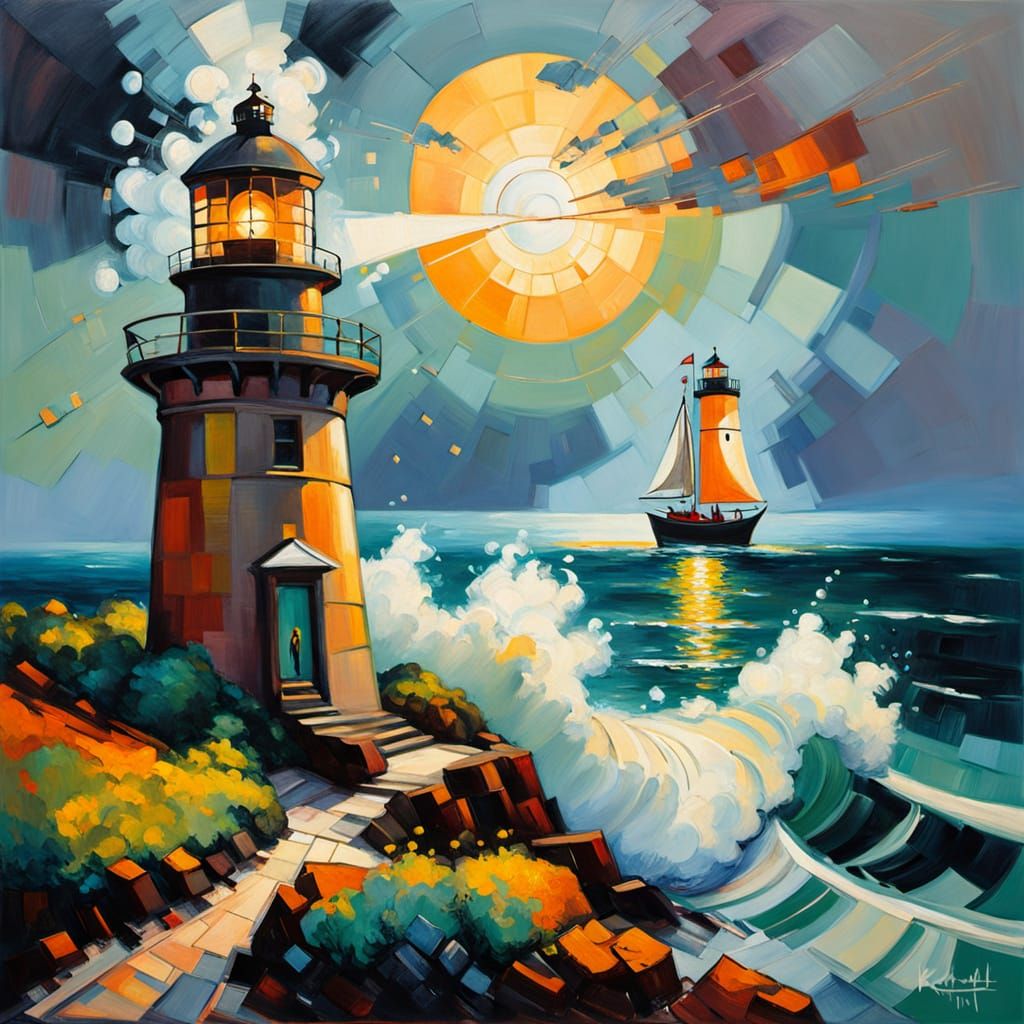 Lighthouse Beacon Painting in Impressionistic Style