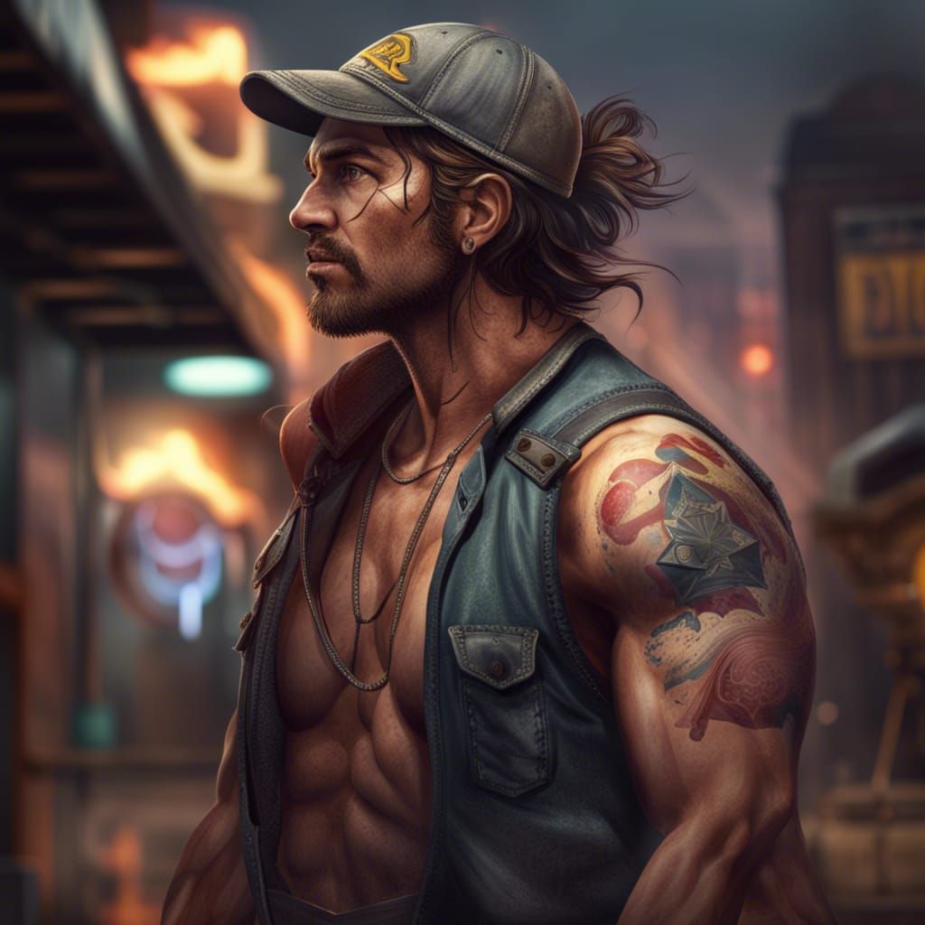 Hyperrealistic Trucker Portrait with Mullet and Hat