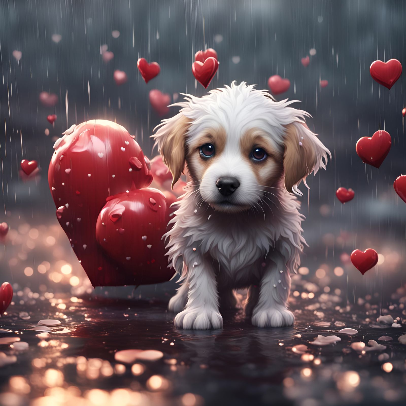 Puppy in Rainy Heartscape: Fantasy Concept Art