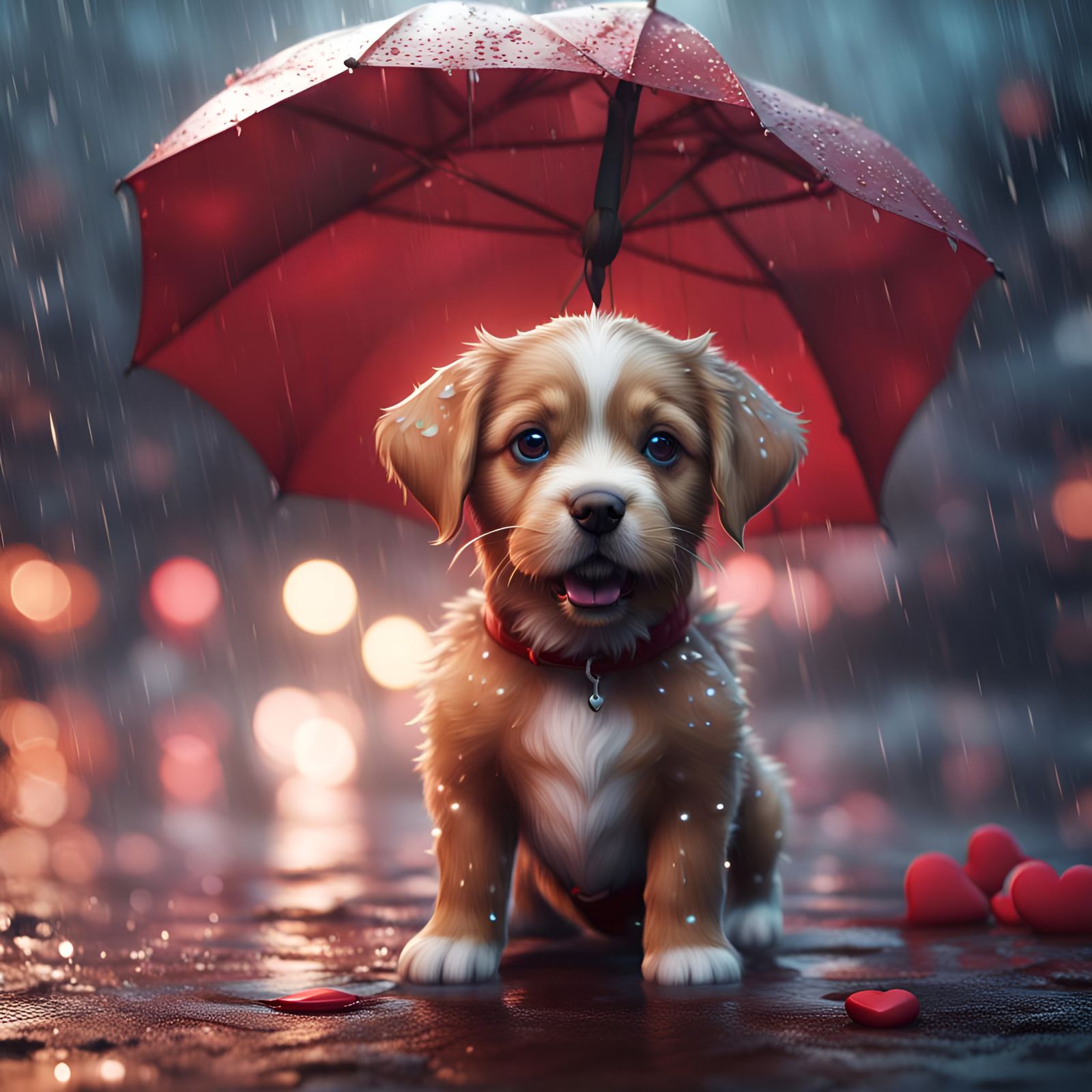 Puppy in Rainy Heartscape: Detailed Matte Painting