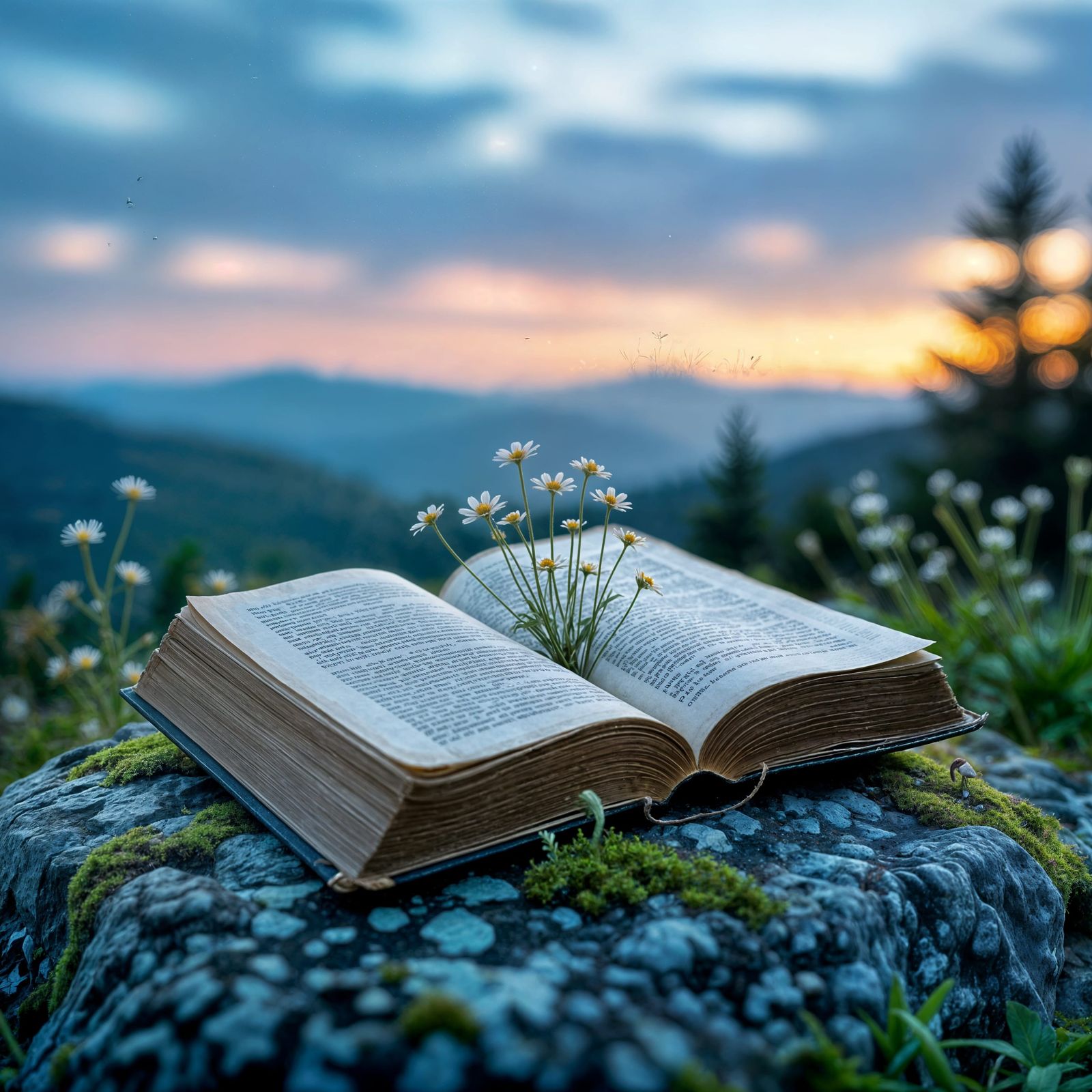 Weathered Book on Mossy Stone at Twilight