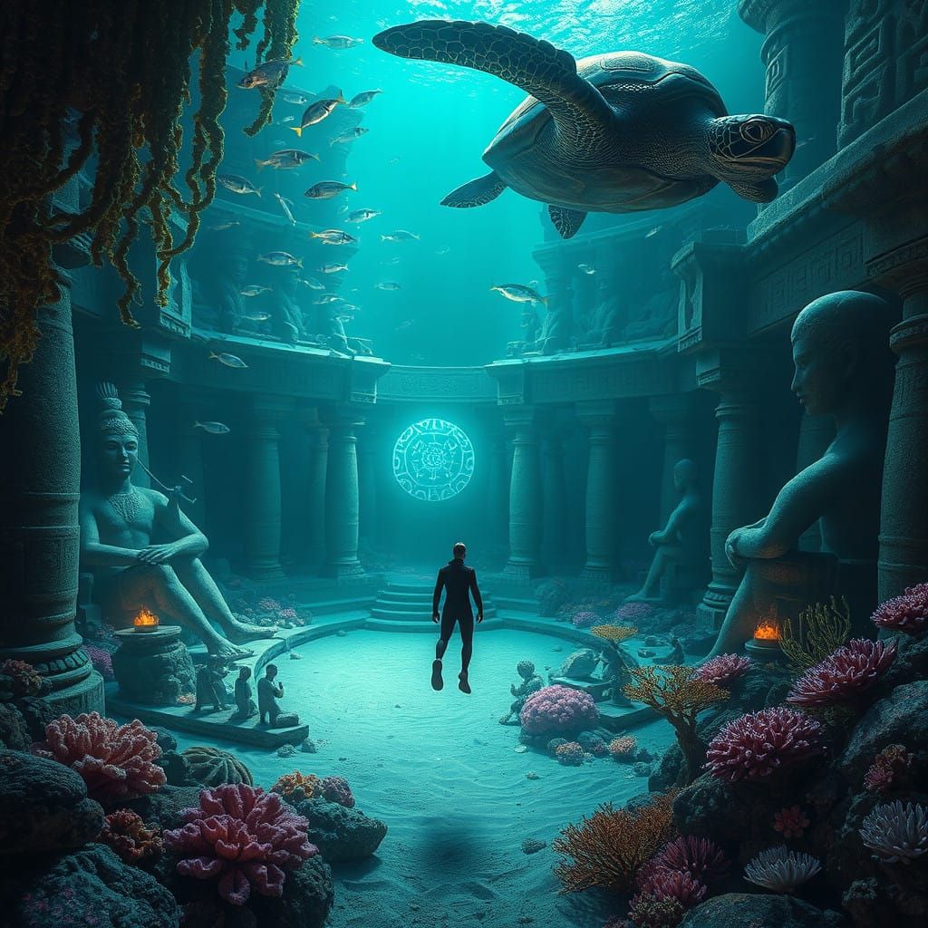 Diver Among Ancient Ruins in Vibrant Coral and Seaweed