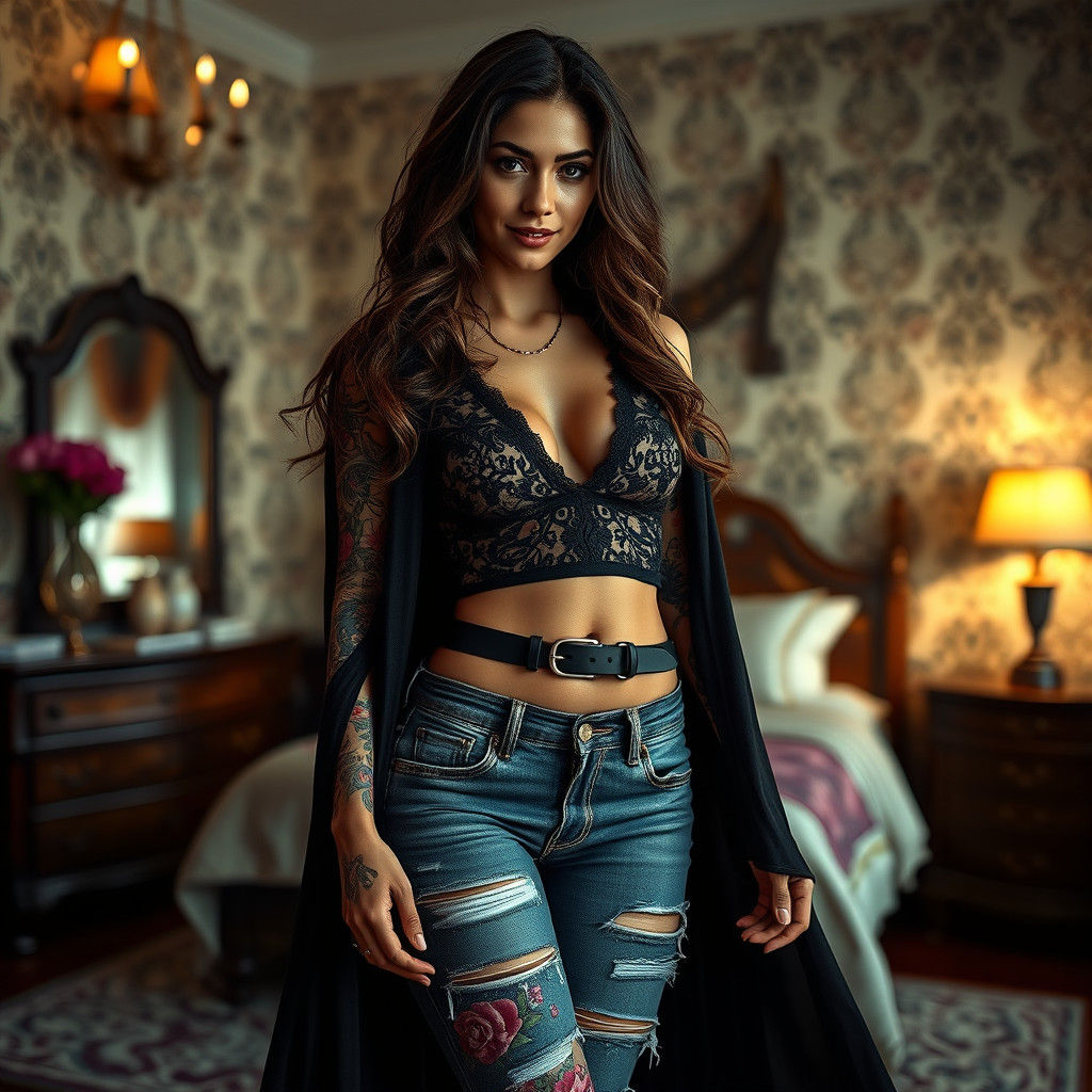 Woman with Floral Tattoos in Hyperrealistic 3D Bedroom