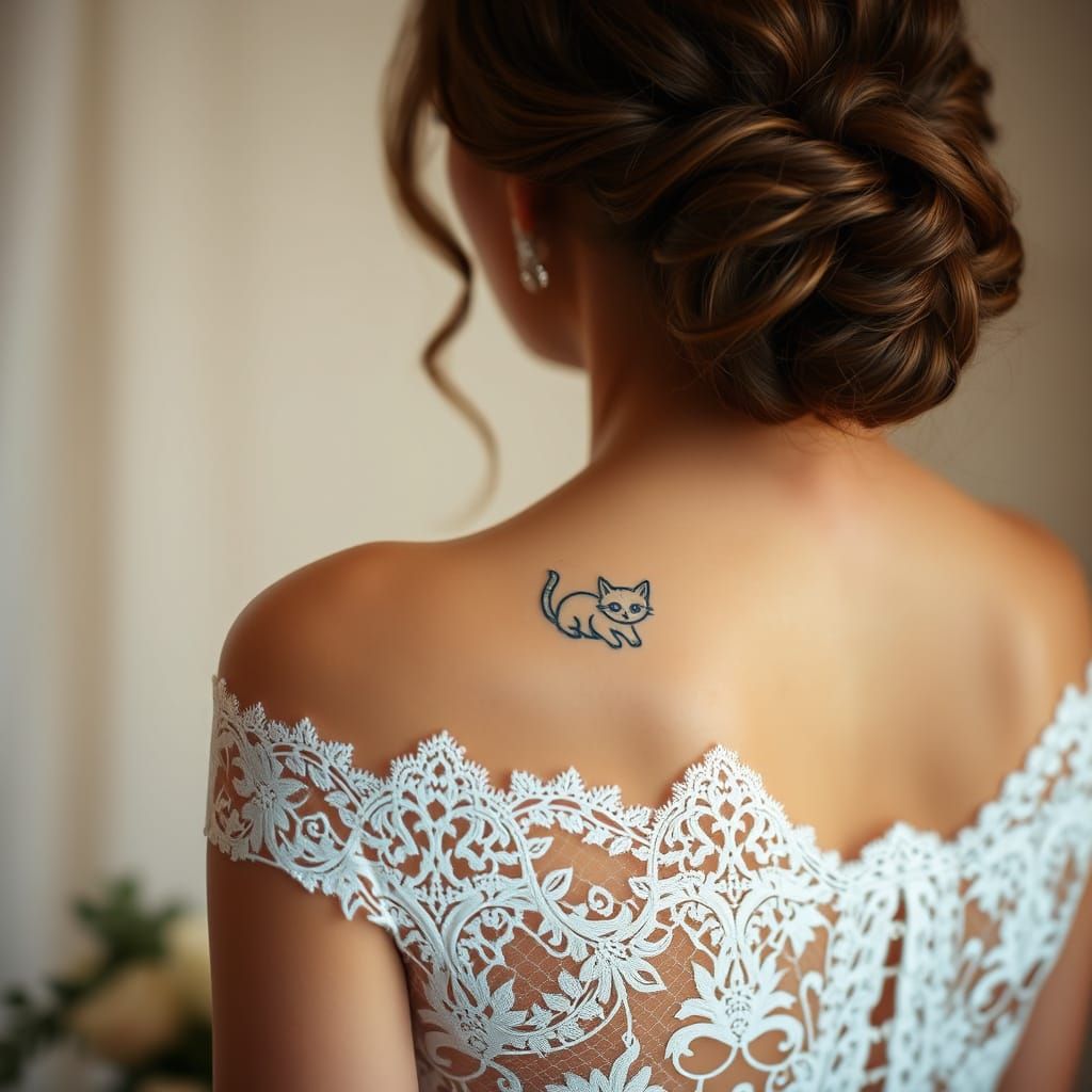 Elegant Wedding Dress Photo with Cat Tattoo