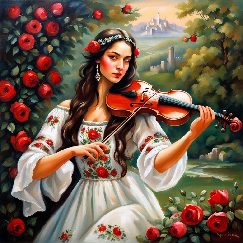 Bulgarian Woman Playing Violin in Oil Painting Style