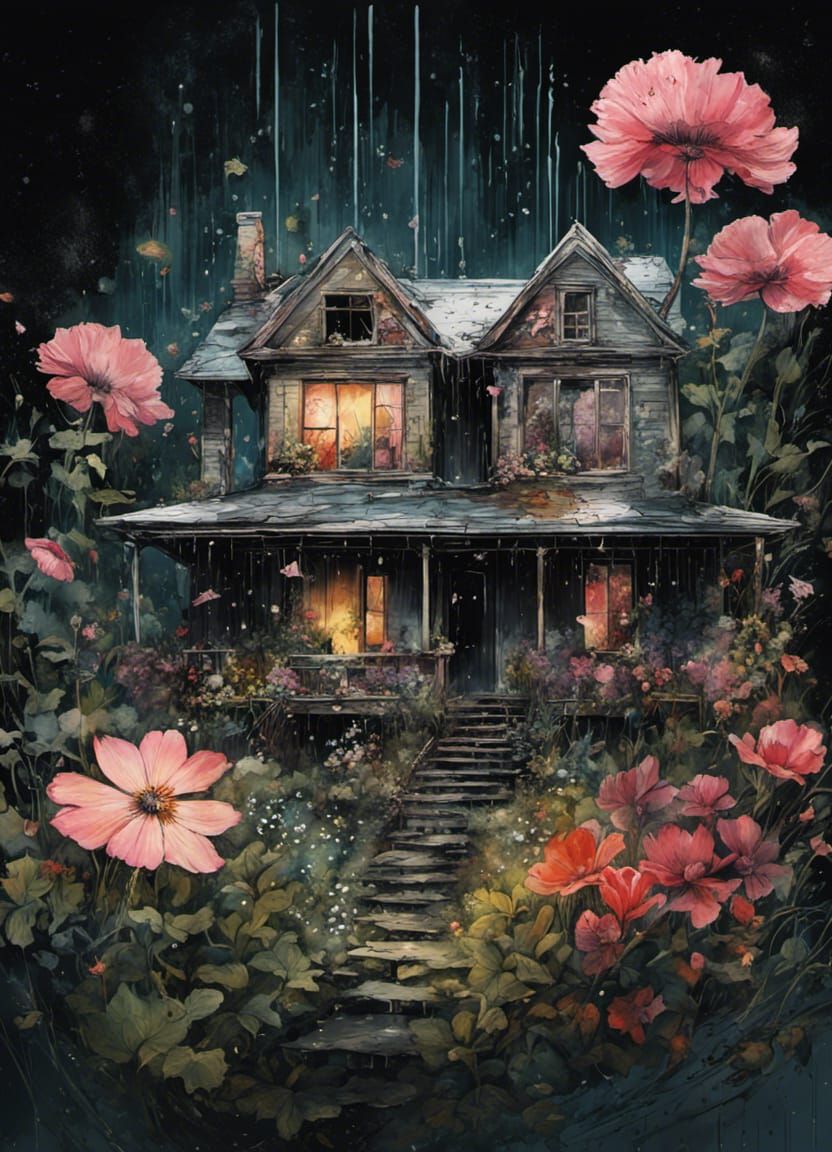 Surreal Double Exposure: Flower, House, Fairy Illustration