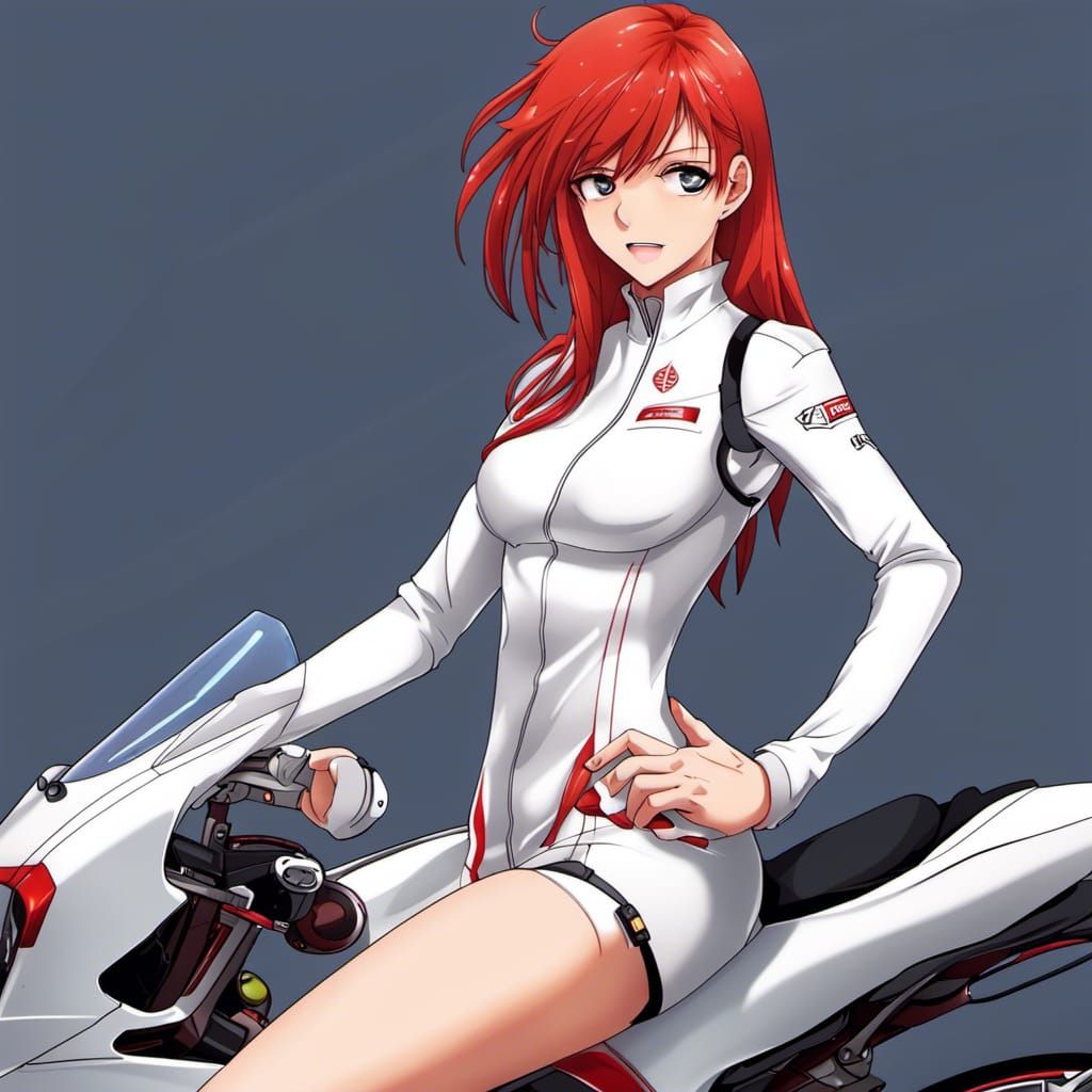 Red-Haired Girl and Superbike in Anime Style