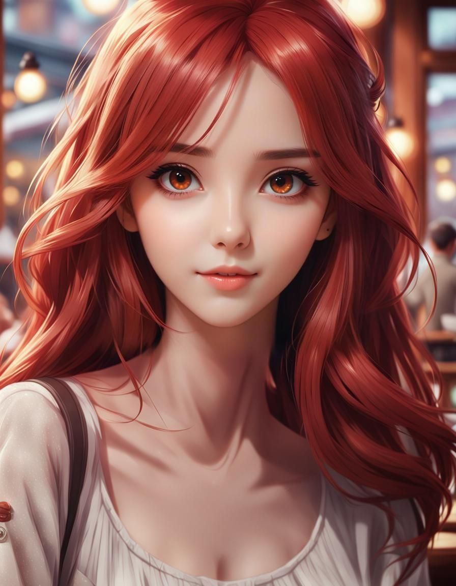 Anime Girl in Cafe with Red Hair, Manga Style