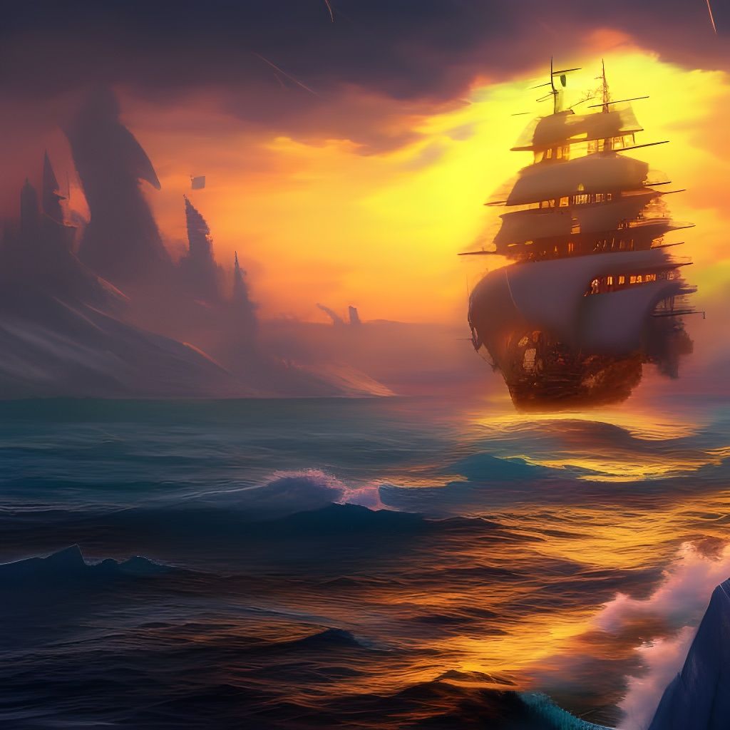Colorful Corsair Ship at Sunset in High Seas