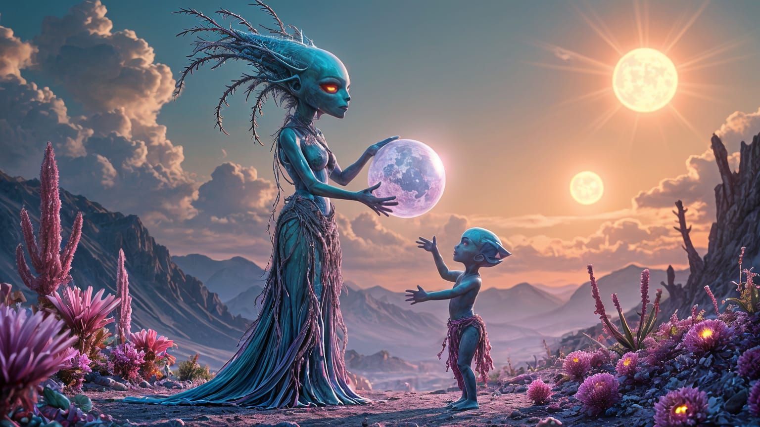 Mother and Son in a Vibrant Alien World