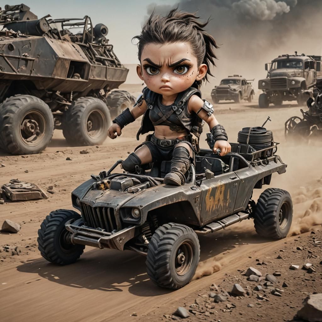 Chibi Woman Races Tank in Mad Max Style