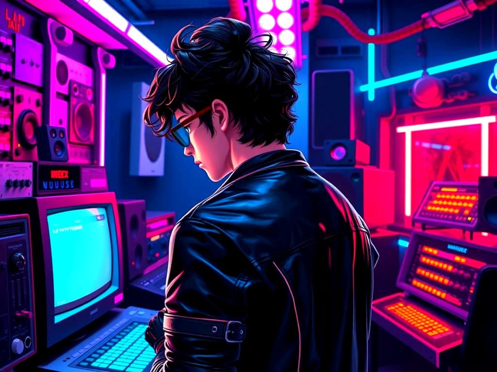 Cyberpunk Biker in Anime Style Cyber Sound Studio