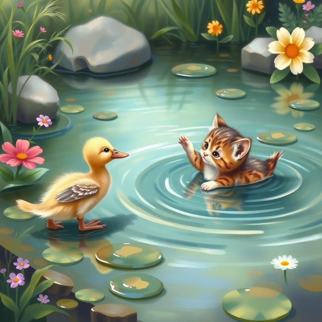 Whimsical Duckling Meets Kitten in Lush Pond Landscape