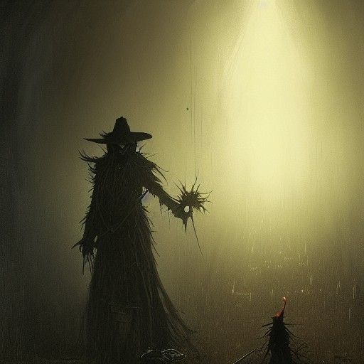 Sinister Bubak Scarecrow Myth in Dark Horror Style