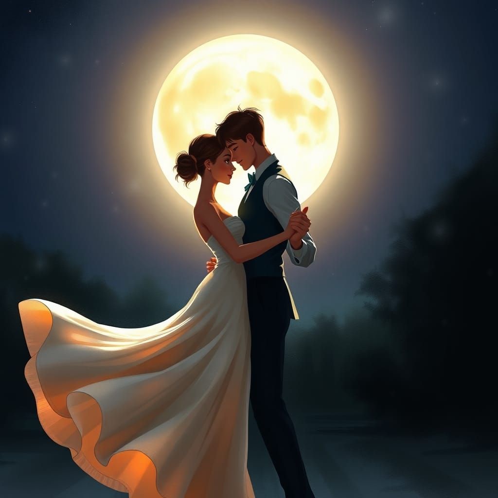 Couple Dancing Under Moon in Animated Romantic Style