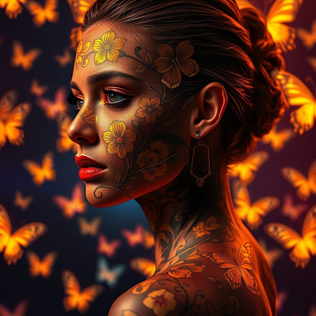 Golden Flower Tattoo Portrait in Baroque Style
