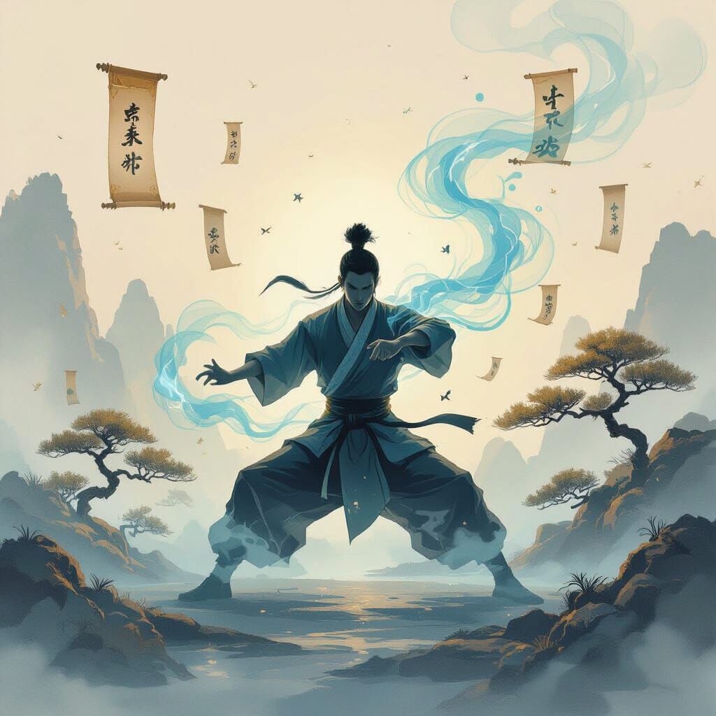 Ethereal Kung Fu Spirit Landscape in Dreamlike Style