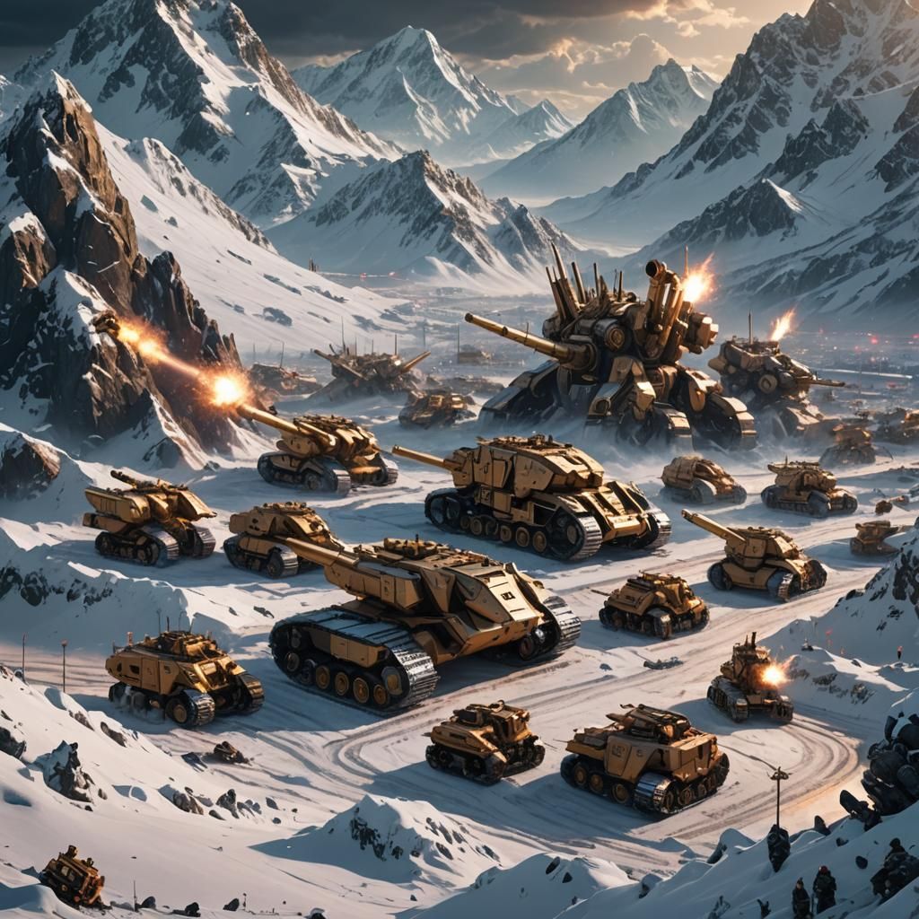 Sci-Fi Artillery Army in Snow-Covered Mountains