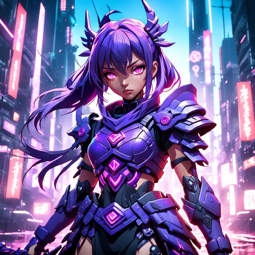 Anime Neon Warrior Girl: Detailed Matte Painting