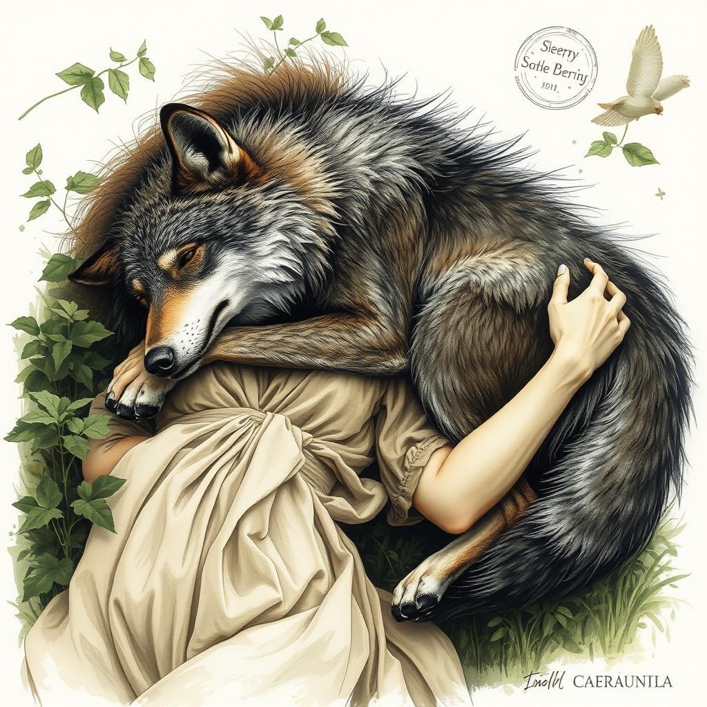 Woman Sleeping with Wolf in Charcoal Style