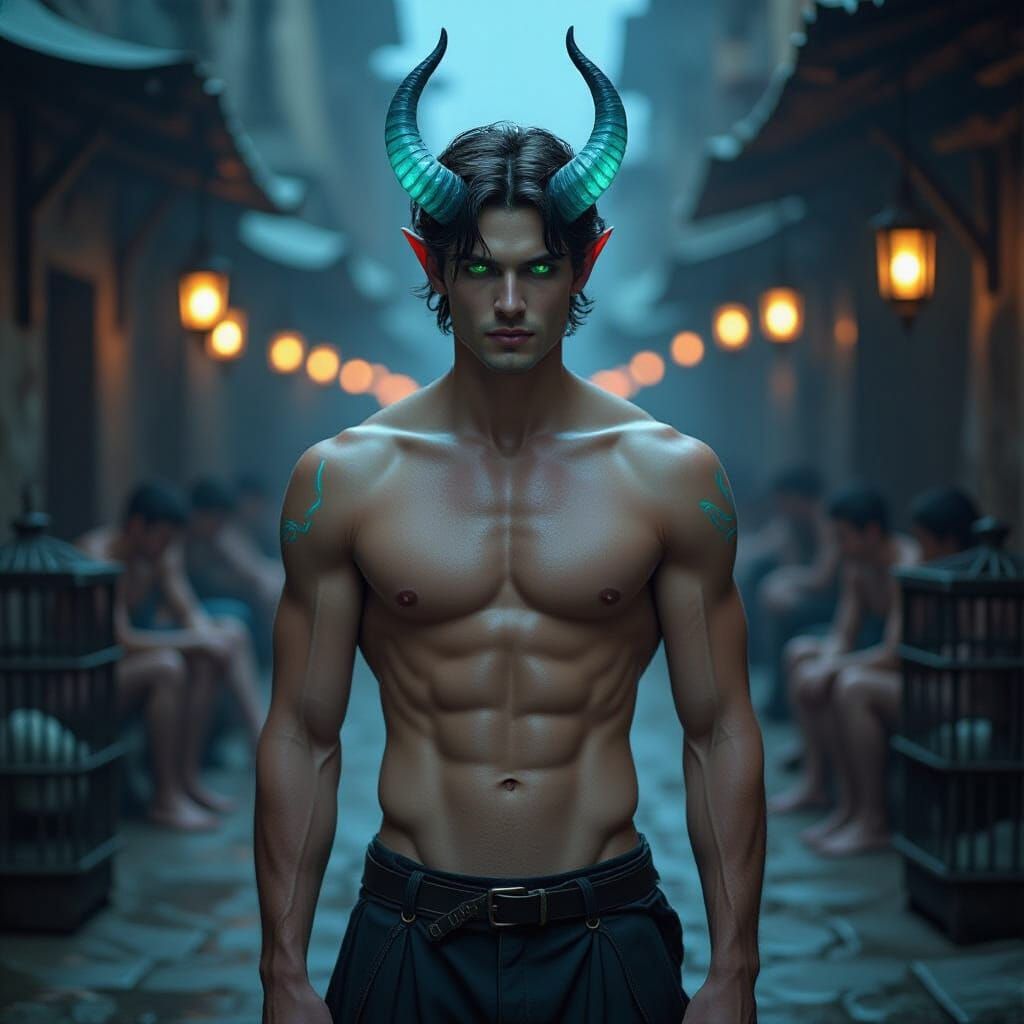 Captive Market: Photorealistic Blue-Skinned Man with Horns