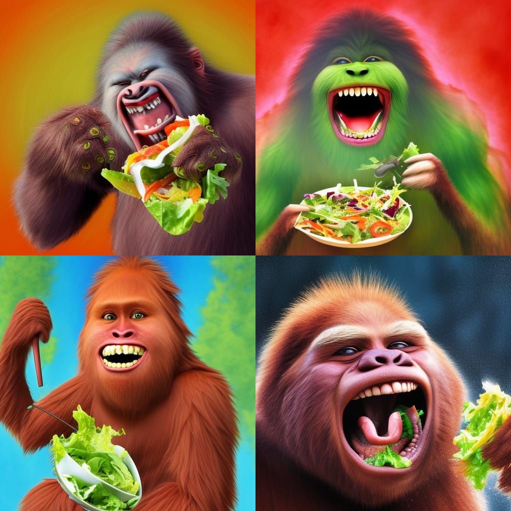 Hyperrealistic Sasquatch Laughing and Eating Salad