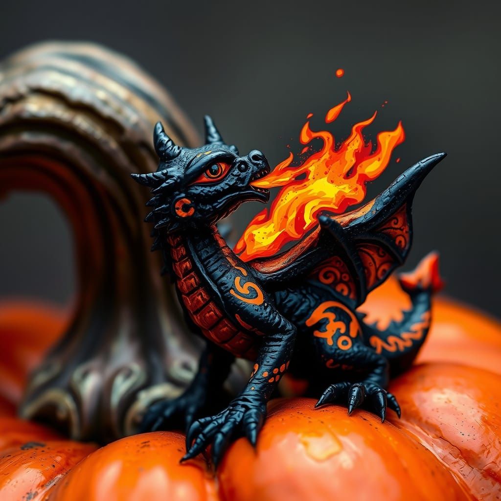 A close-up of a small pumpkin, with a very tiny black dragon...