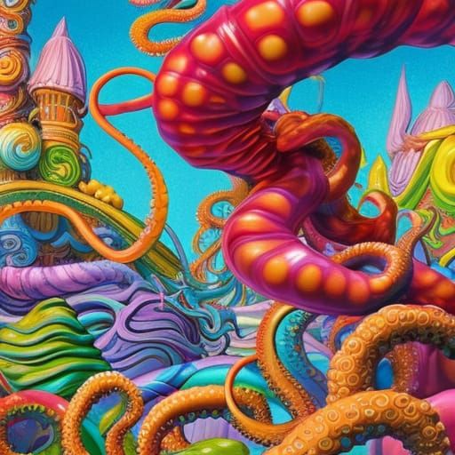 Octopus Wraps Giant Candy in Candyland Gouache Art