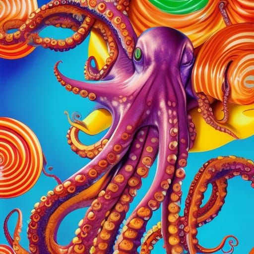 Octopus Wrapping Giant Candy in Gouache Comic Style
