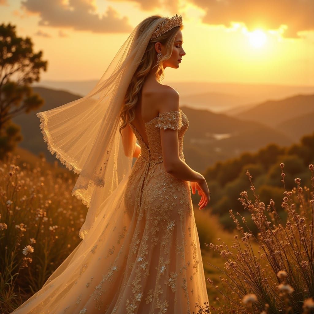 Golden Bride in Sunset Landscape