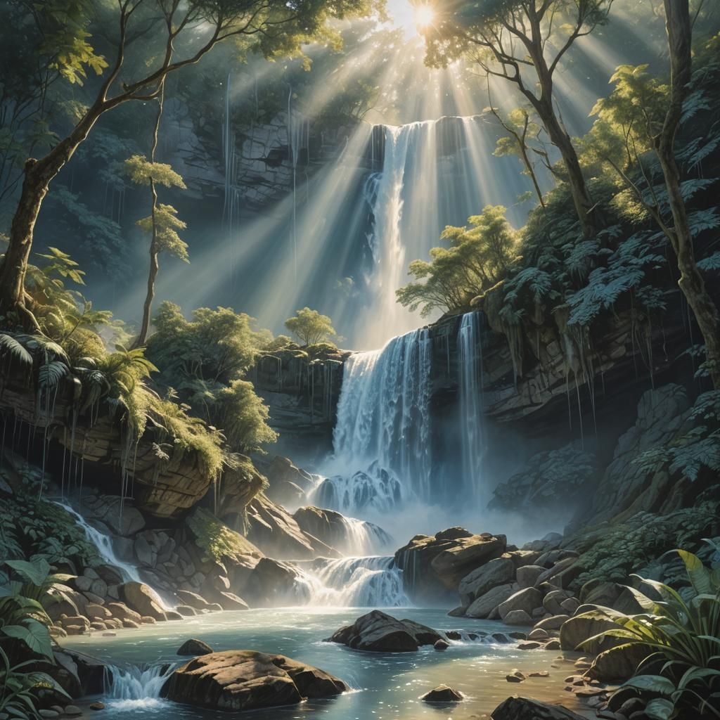 Misty Blue Waterfall in Hyperreal Sunshine