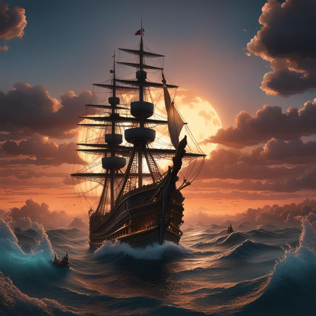 19th Century Ship Sails Sargasso Sea: Detailed Matte Paintin...