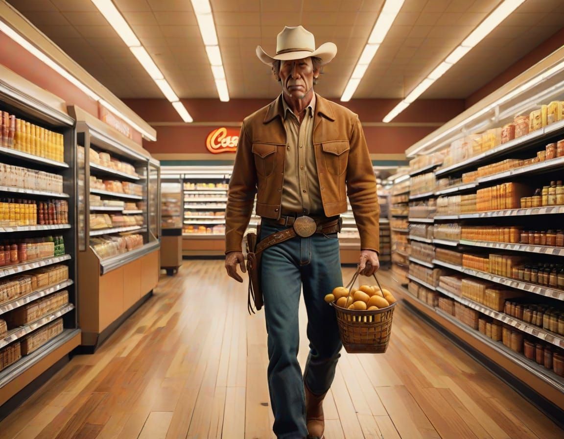 Cowboy Woody from Disney movie Toy Story as real live person walking into grocery store like a regular everyday person b...