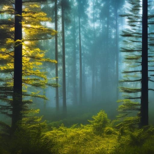 Misty Trail Through Pacific Northwest in Gouache Style