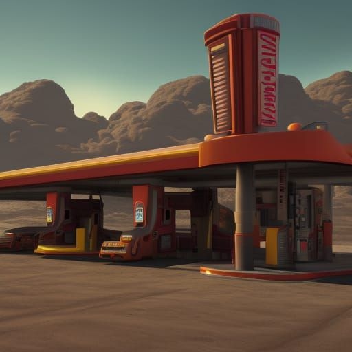 Retro Gas Station on Mars in Detailed Matte Painting