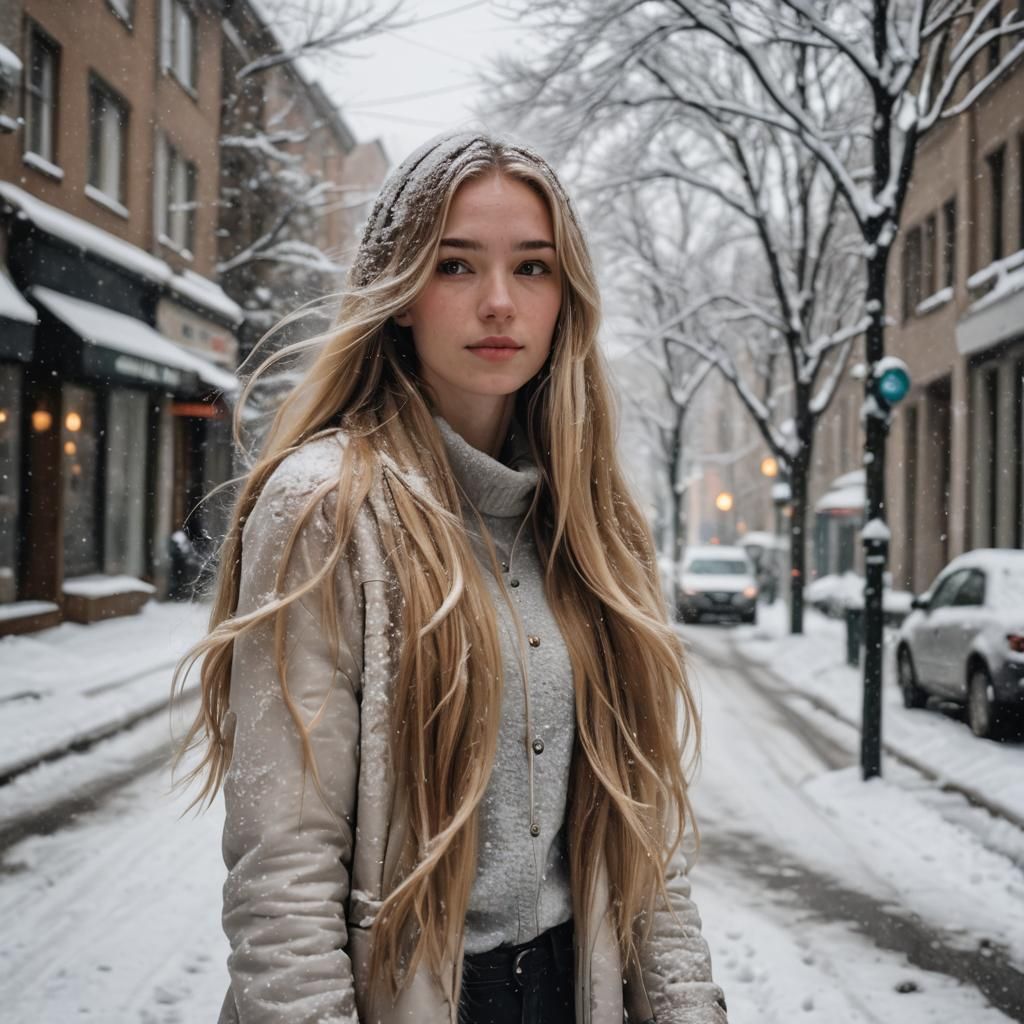 Girl with Blond Hair on Snowy Street