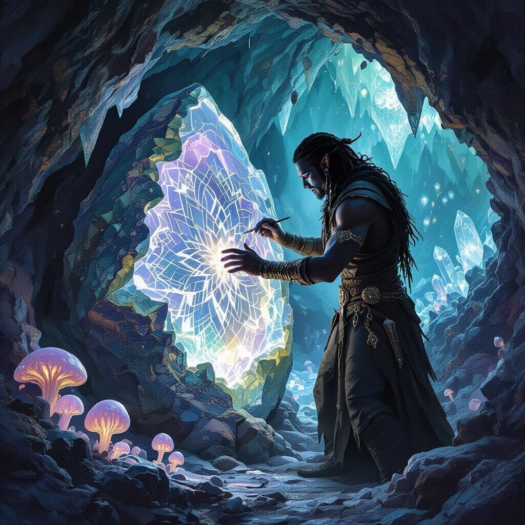 Drow Artisan Carving Crystal Geode in Bioluminescent Cavern