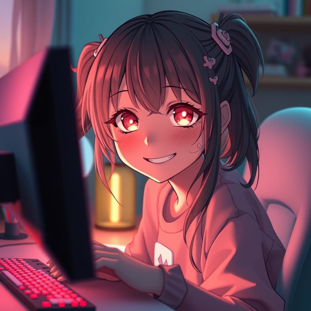 Anime Girl Gamer with Glowing Eyes in Pastel Room