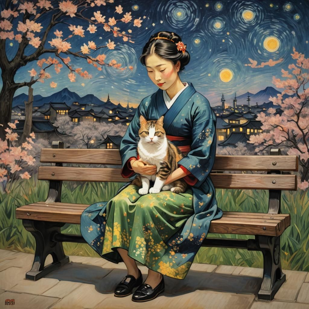 Woman and Cat Under Starry Sky, Van Gogh Style
