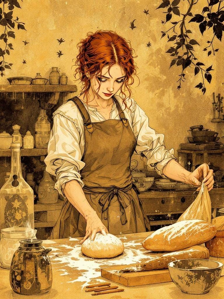 Redhead Baker in Amber Metallic Fairy Tale Kitchen