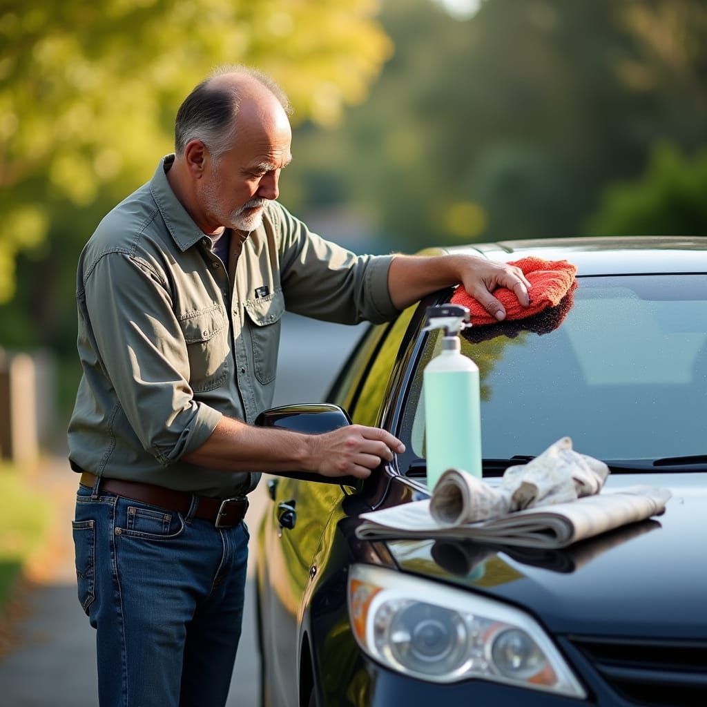 Man Polishing Car Windshield, Professional Photography